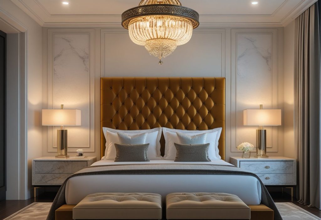 Luxury master bedrooms decor with velvet headboard and chandelier