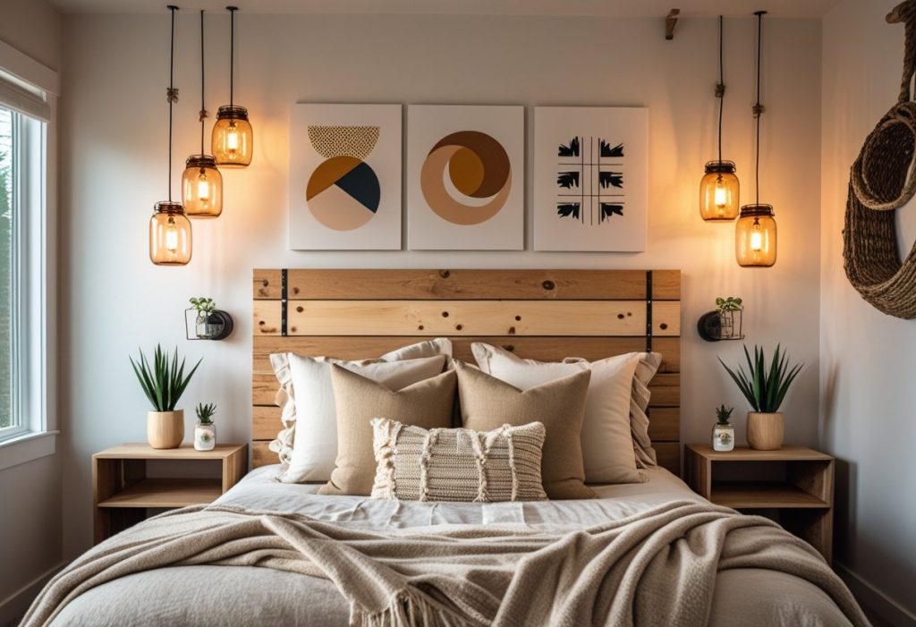 DIY master bedrooms decor with handmade headboard and cozy lighting