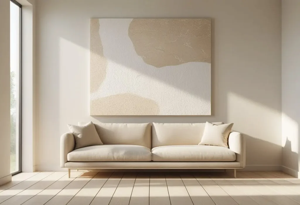 Modern abstract canvas wall art in a neutral living room.