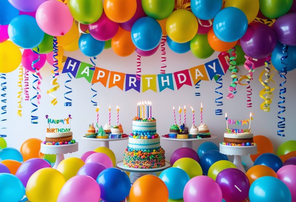 Decoration for birthday with colorful balloons, banners, and cake table