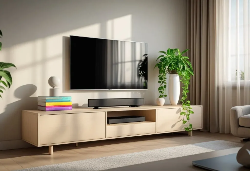 A modern and cozy living room featuring expertly styled TV unit decor with plants, books, and minimalist accessories.