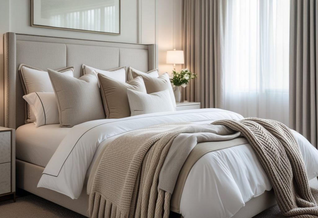 Implementation of bedroom decor ideas showing a luxurious, layered bed as a focal point.