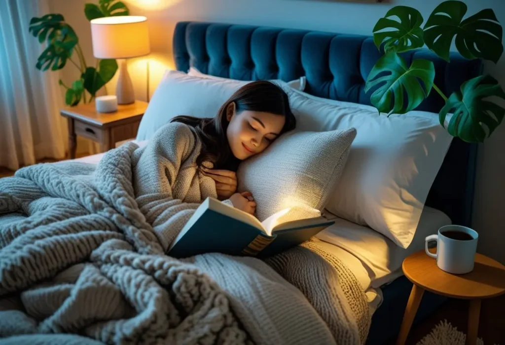 cozy bedroom decor with layered blankets, warm lighting, and plants
