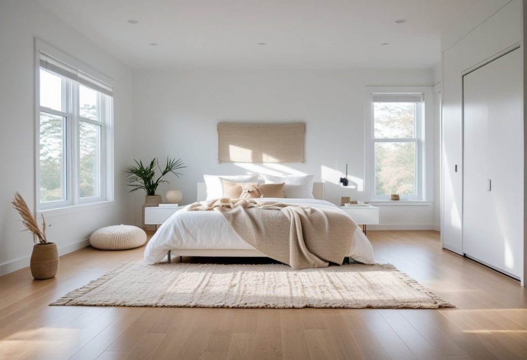 Minimal Scandinavian master bedrooms decor with wood flooring and linen bedding
