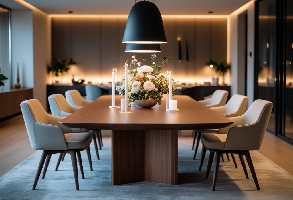 Elegant modern dining room decor with wooden table, stylish chairs, and warm lighting