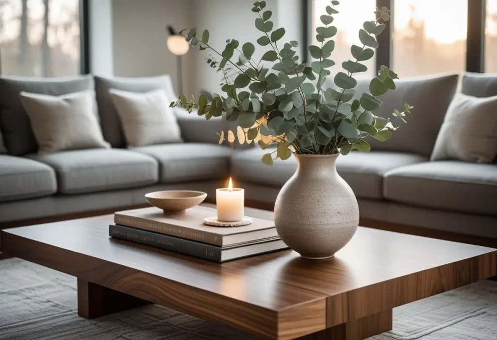  ultimate modern living room coffee table decor with books, vase, and tray.