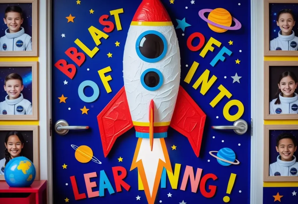  A space-themed classroom door decoration idea with a rocket and stars.