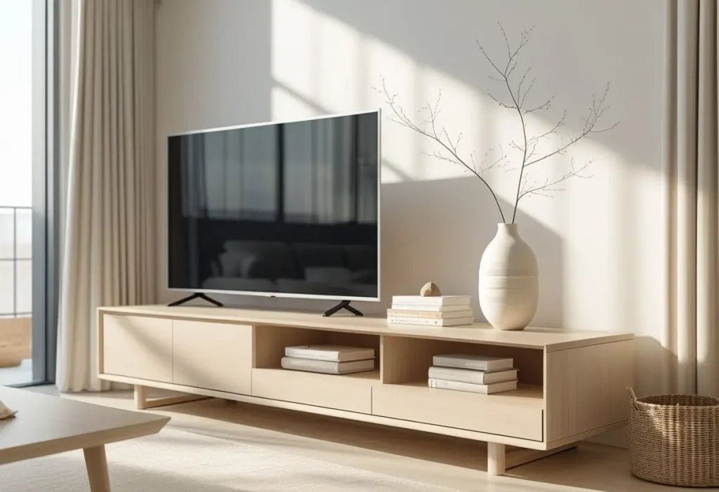 Modern living room with balanced tv stand decor featuring books and a vase.