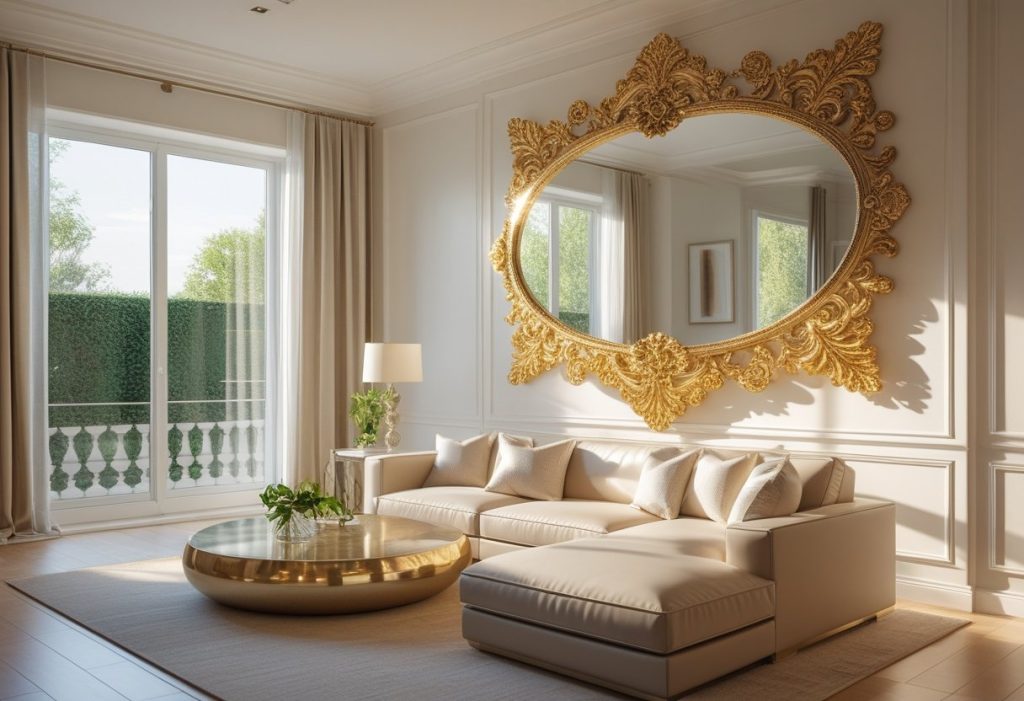 elegant gold mirror wall decor in a modern living room