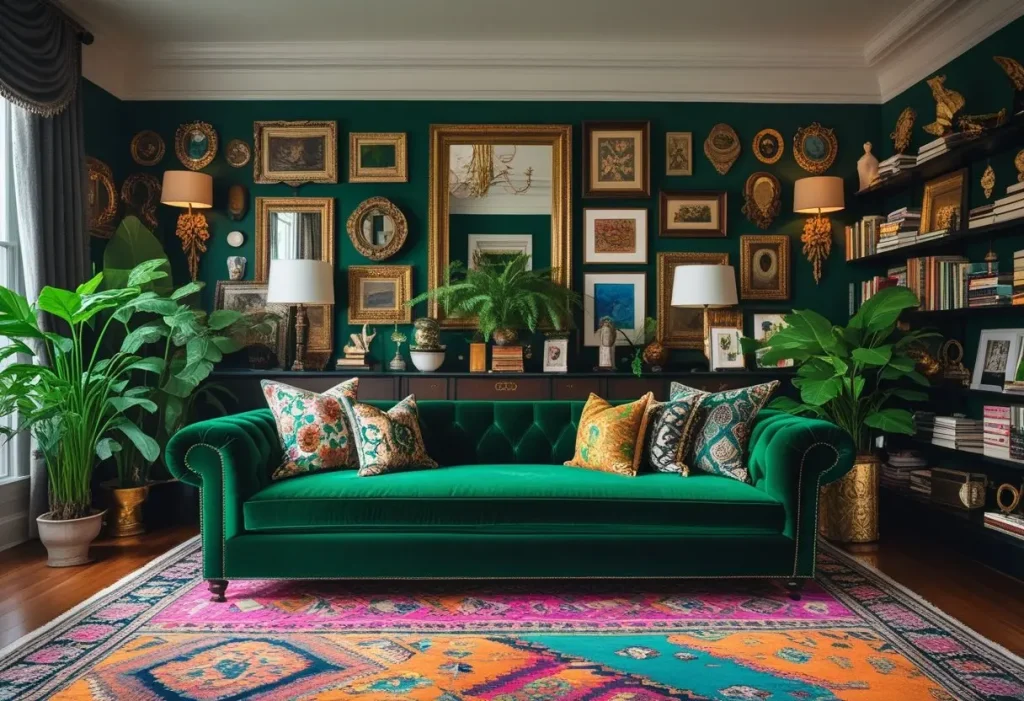 maximalist decor living room with emerald green velvet sofa and eclectic gallery wall.