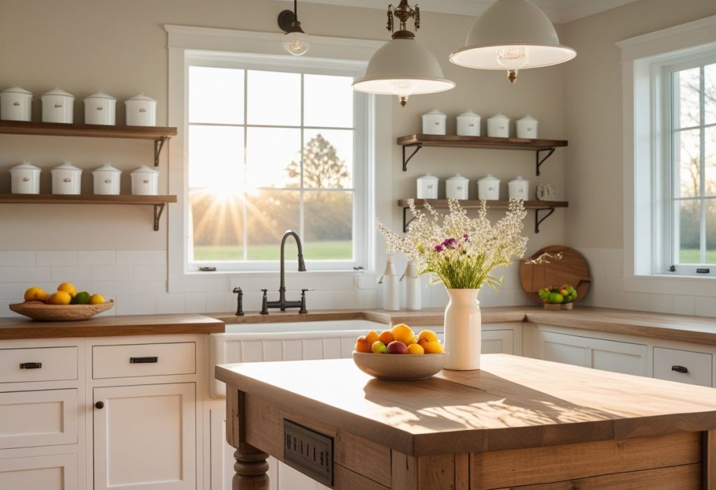 Inviting modern farmhouse kitchen decor with a rustic island and sunlit windows.
