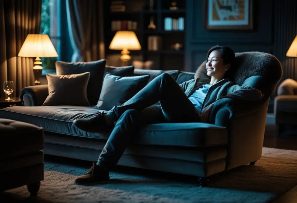 cozy dark home decor living room with comfortable seating and moody lighting
