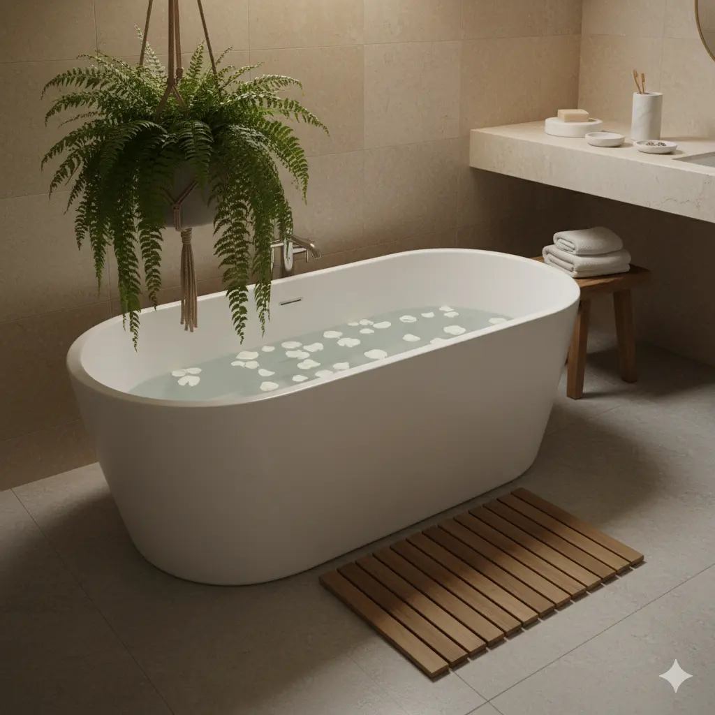 Green House Decor bathroom with humidity-loving plants and natural teak accessories