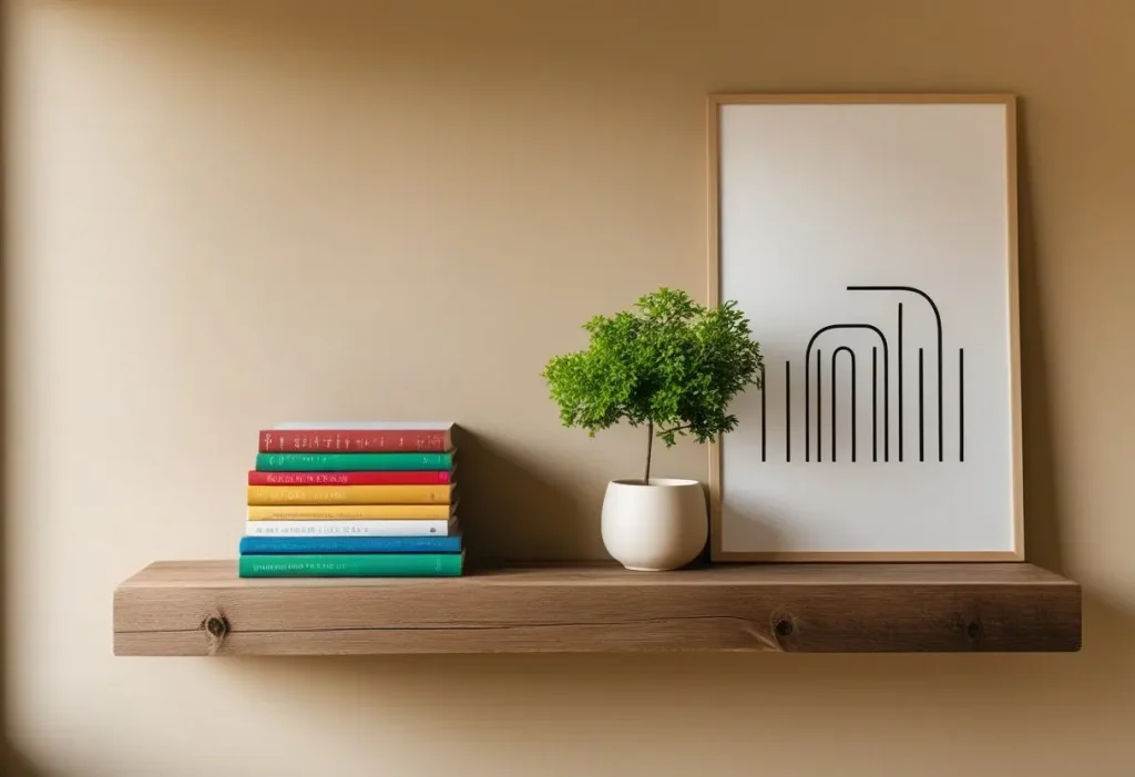 Minimalist wall decor design with floating shelf, books, and plant.