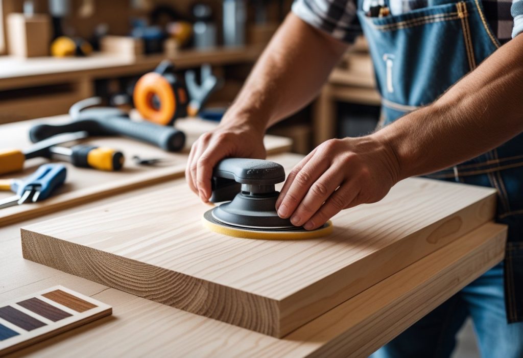  DIY kitchen decor project - sanding a wooden open shelf for a custom look.