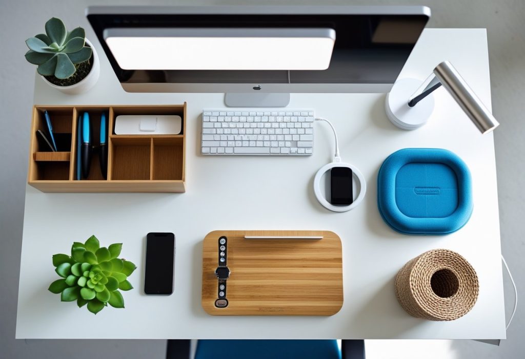Collection of the best office decor accessories including organizers, a lamp, a plant, and ergonomic tools.