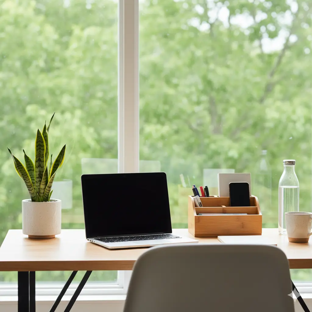 Green House Decor home office with desk plants and sustainable furniture