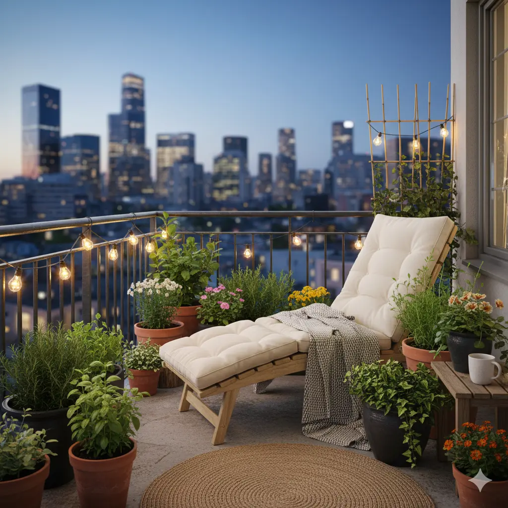 Green House Decor balcony with container garden and sustainable furniture