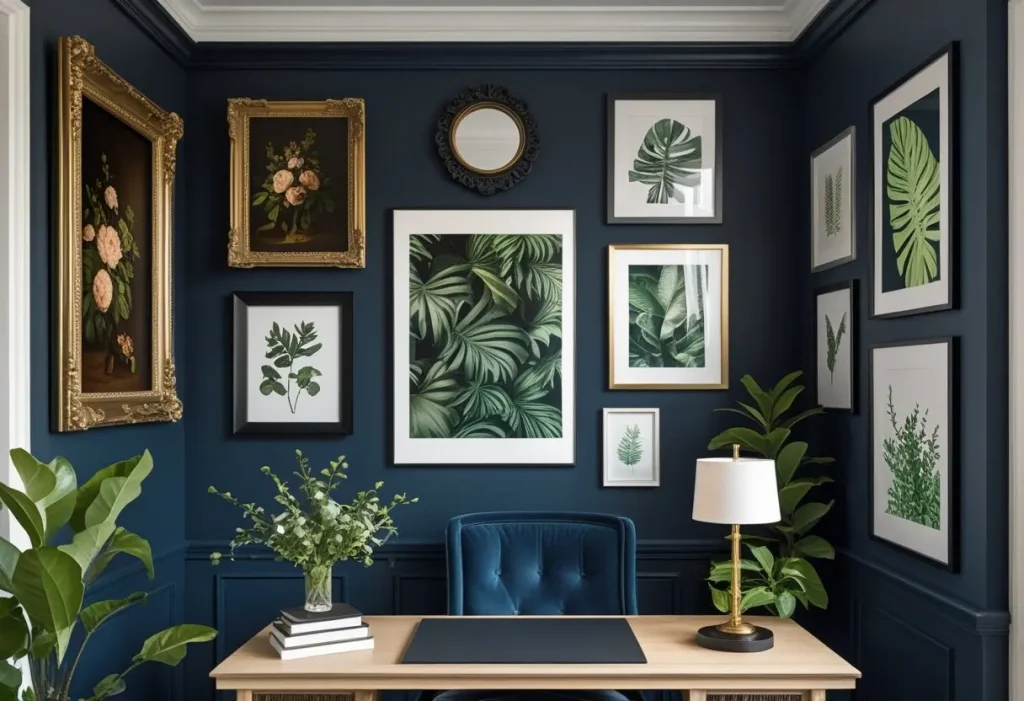 Eclectic gallery wall design with mixed art and frames on a blue wall.