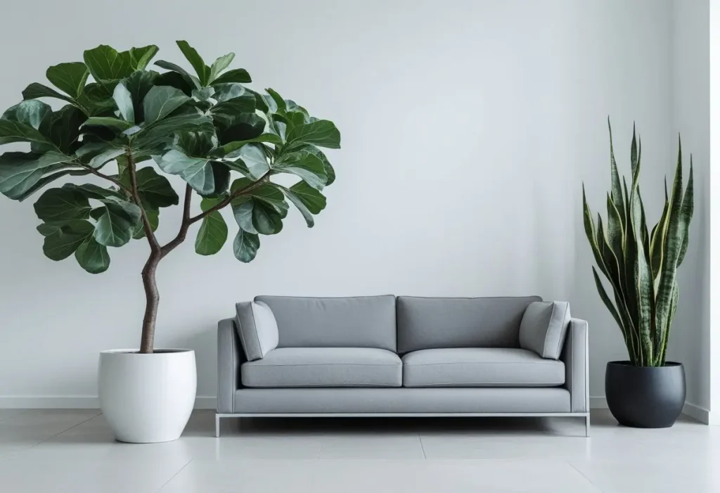 Modern minimalist living room with a large Fiddle Leaf Fig and Snake Plant as part of its house plants decor.