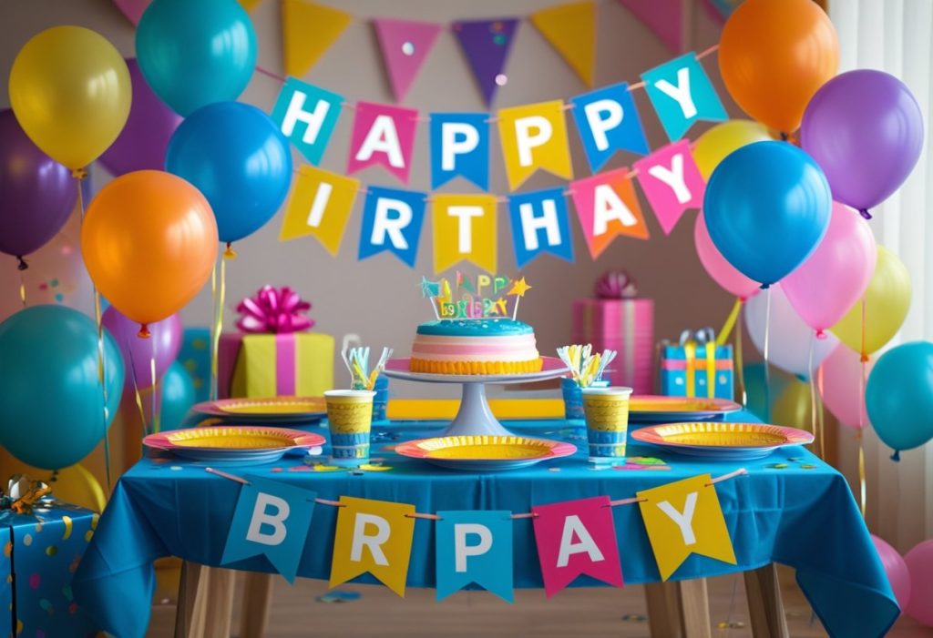 "Key decoration for birthday including balloons, banners, tableware, and lights