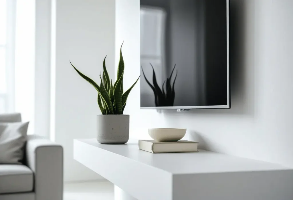 Minimalist white wall-mounted TV unit decor with a snake plant and ceramic pot.