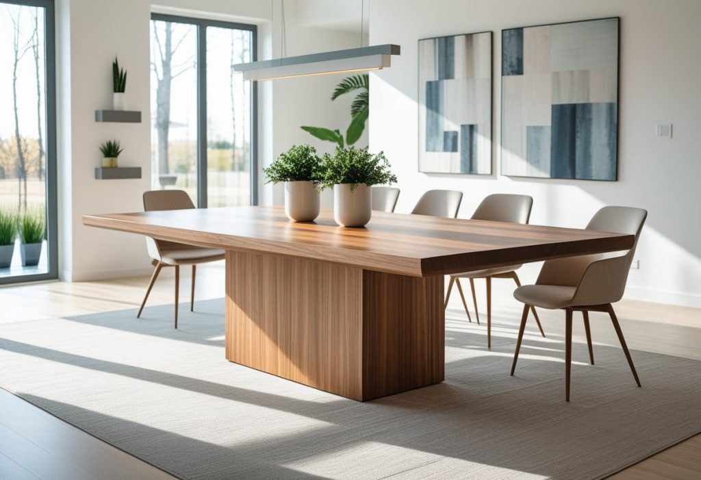 Rectangular wooden dining table with modern dining room decor