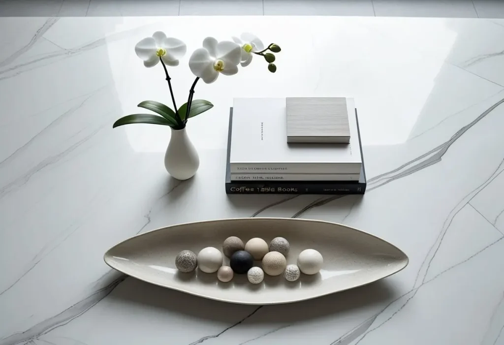 coffee table decor rule of three with vase, books, and bowl.