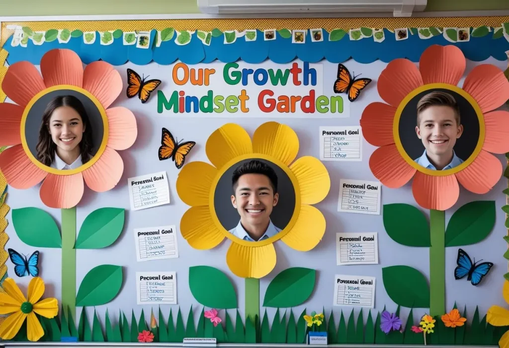  A growth mindset garden bulletin board decoration idea in a modern classroom.