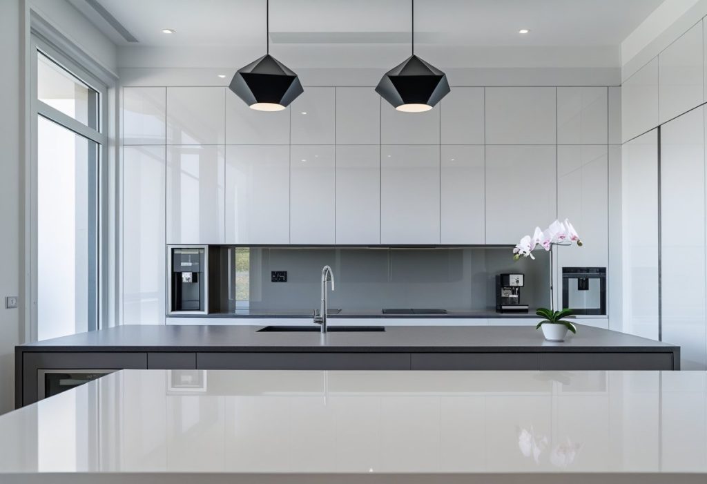 Sleek and sophisticated modern kitchen decor with glossy cabinets and geometric lighting.