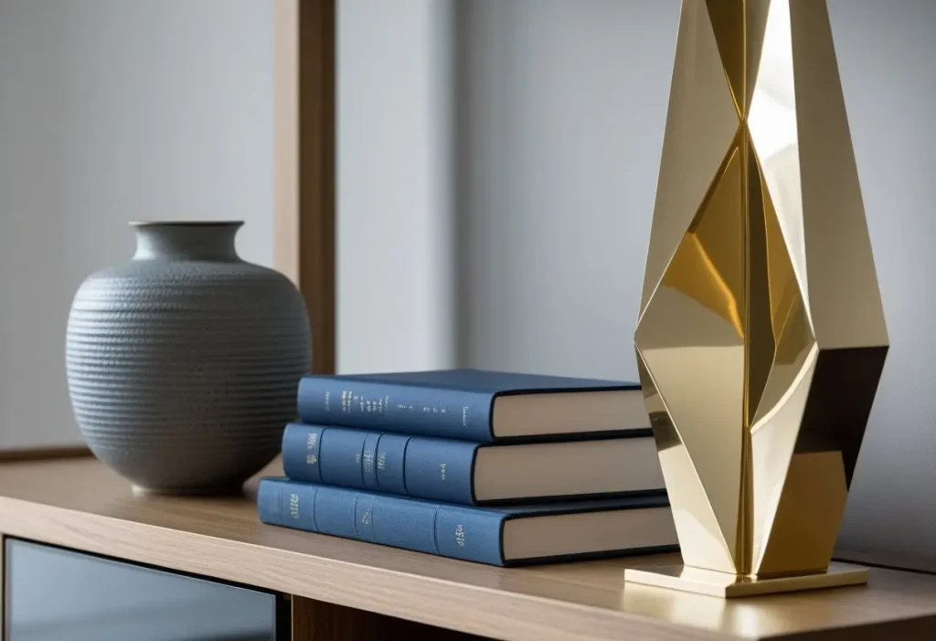 Example of tv stand decor using the rule of three with vase and books.