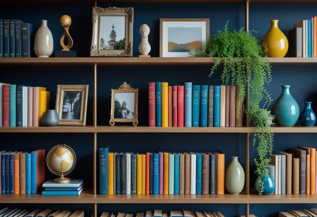 curated maximalist decor bookshelf with color-coded books and decorative objects.