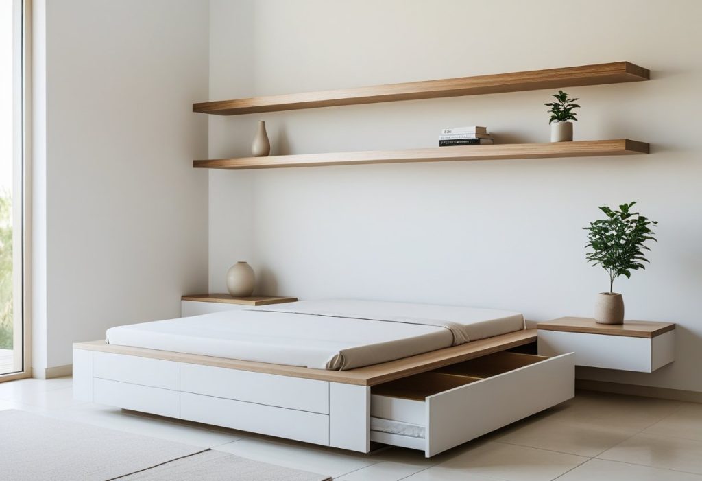 Bedroom decor ideas with minimalist storage solutions like shelves and under-bed drawers.