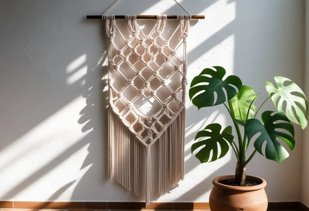 DIY macrame wall hanging with plant in a bohemian style room.