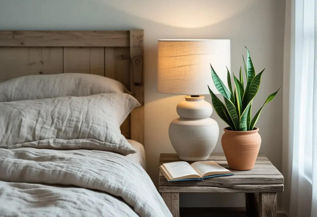 A serene bedroom with a Snake Plant in a terracotta pot on a nightstand as part of its calming house plants decor