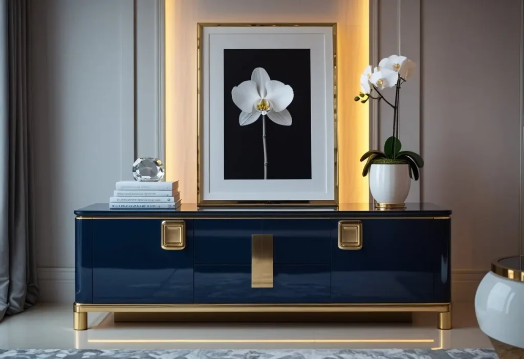 Luxury navy blue and brass TV unit decor with art, books, and golden orchid.