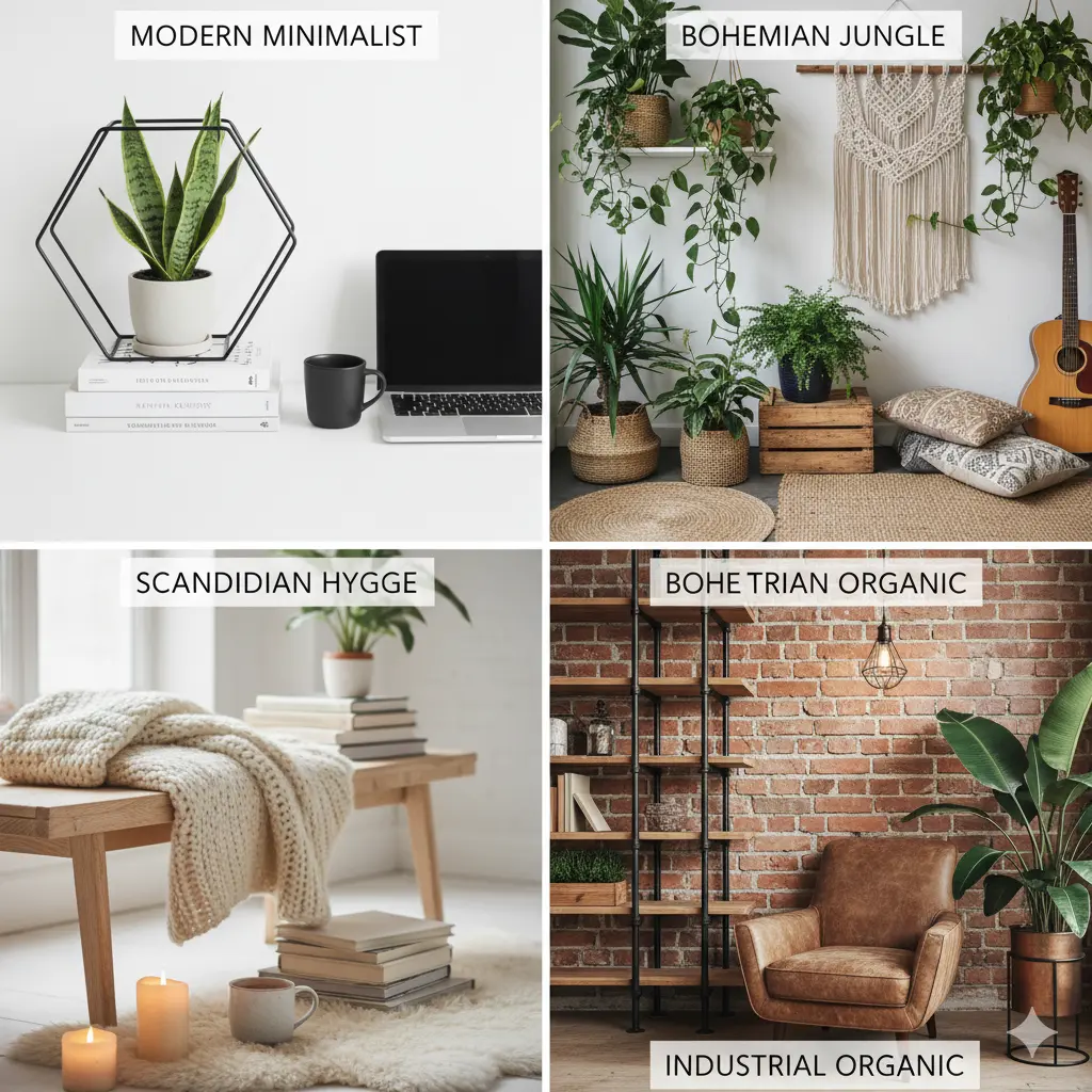 Comparison of Green House Decor styles including minimalist, bohemian, scandinavian, and industrial