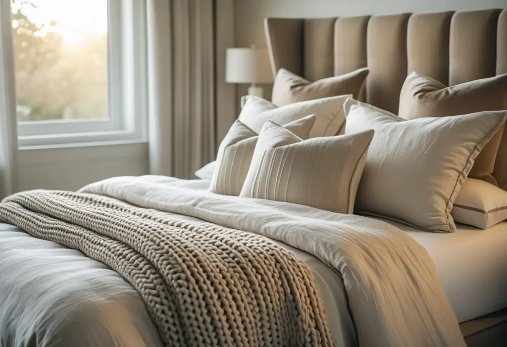 cozy bedroom decor layered bed textiles pillows