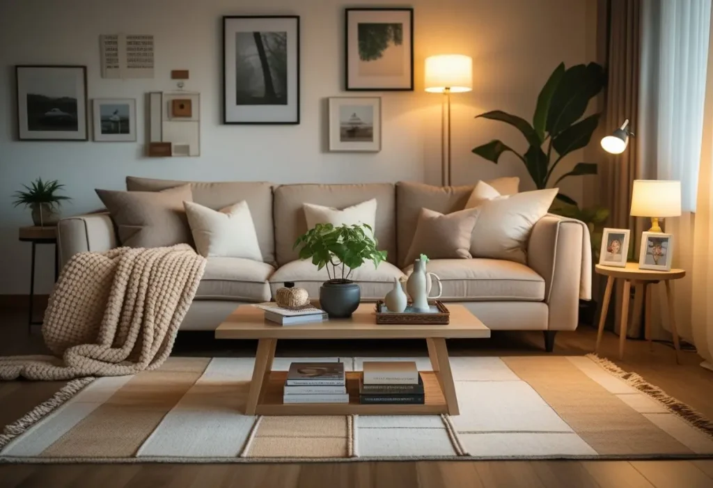 Modern cozy living room with dream house decor featuring layered rugs and textiles.