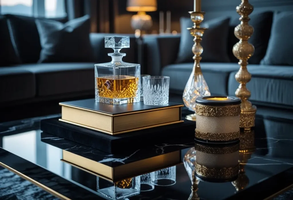 : luxurious glamorous coffee table decor with gold accents and marble tray.