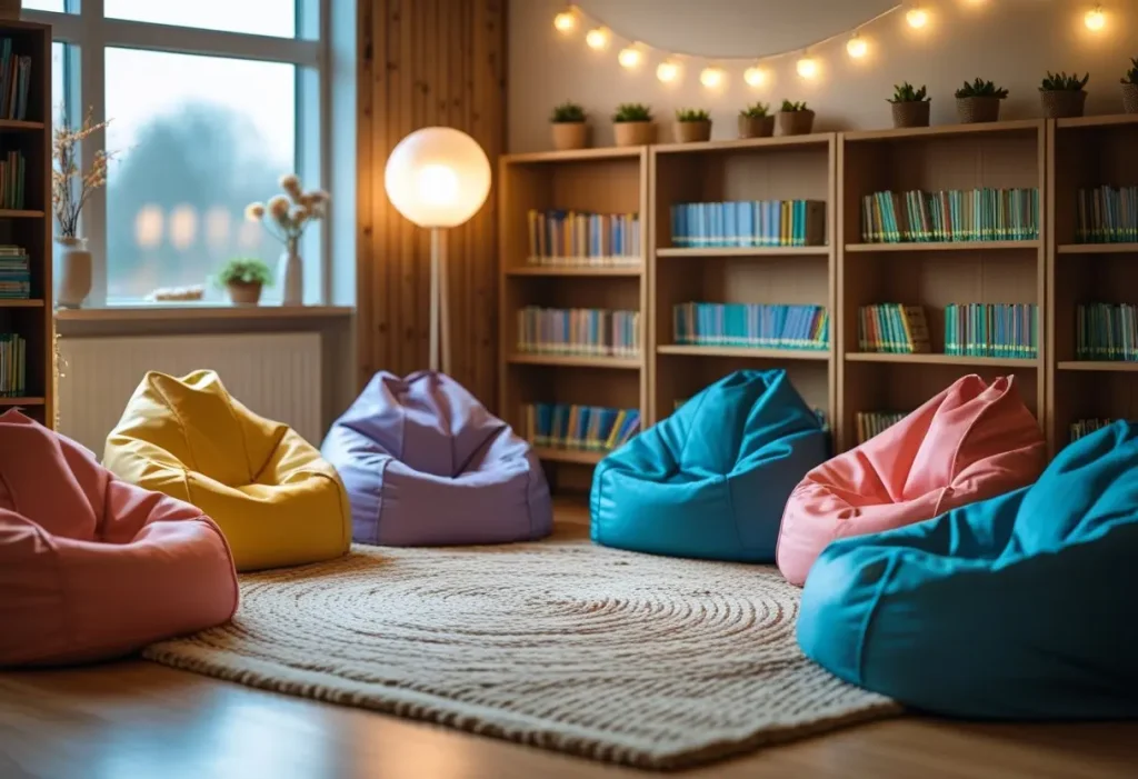 A cozy classroom reading nook decoration with lamps and string lights.