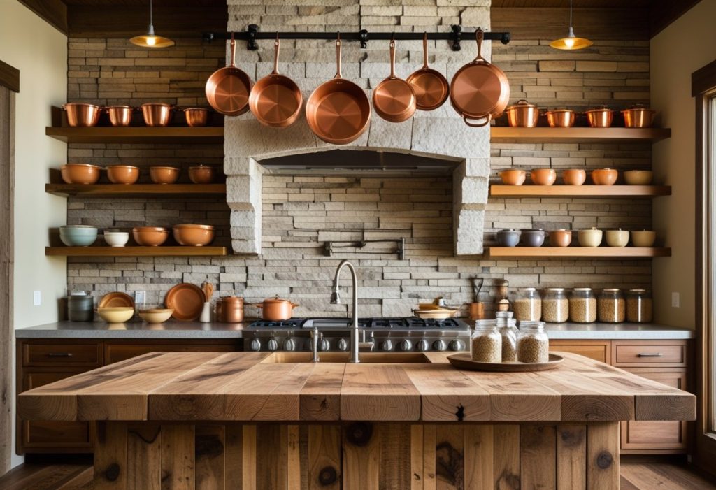 Warm and inviting rustic kitchen decor with reclaimed wood and copper accents.