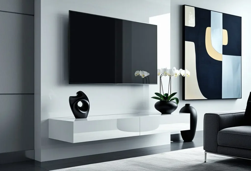 Sleek modern floating tv stand decor with abstract sculpture.