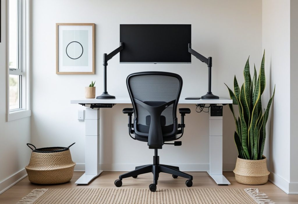 Essential office decor elements including an ergonomic desk, chair, storage basket, and large snake plant.
