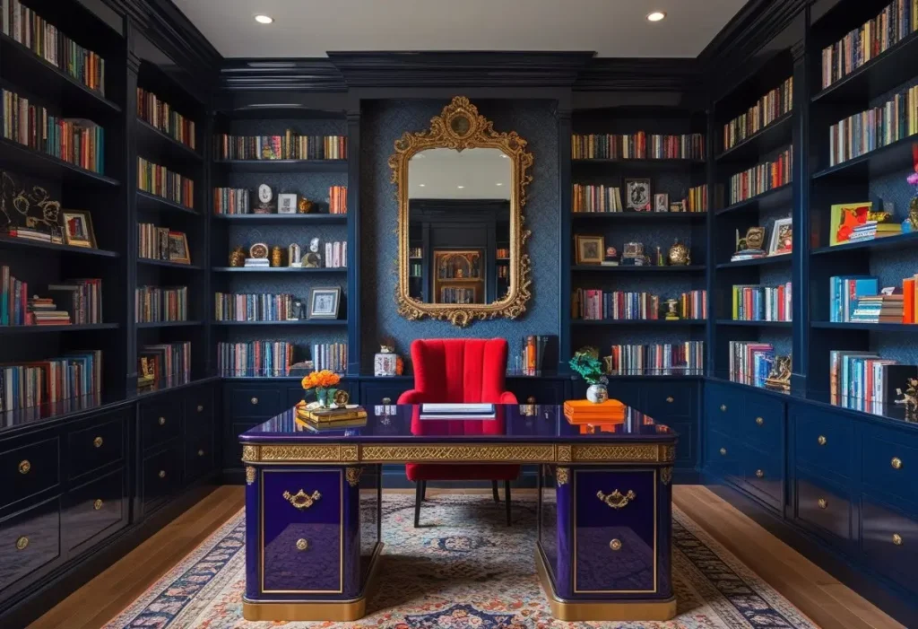 inspiring maximalist decor home office with dark wallpaper and lacquered desk.