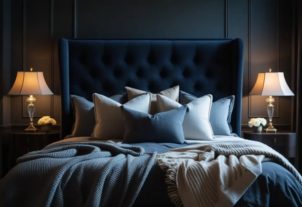 dark bedroom decor with upholstered headboard and moody lighting
