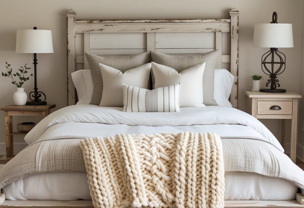 Bedroom decor ideas for farmhouse style featuring wood accents and knit throws.