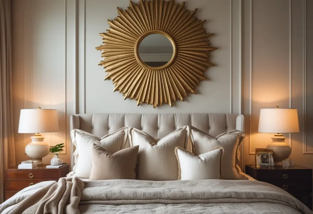 Gold sun mirror as a statement wall decor above a bed.