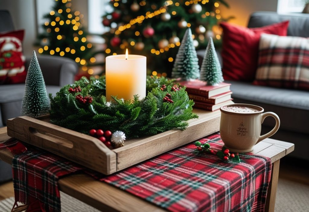 christmas coffee table decor with plaid runner, wreath, and candles.