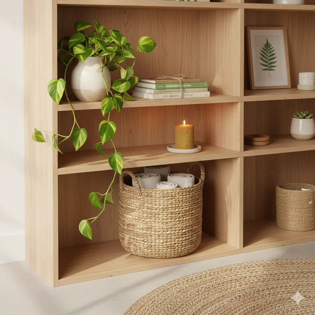 Sustainable home accessories for Green House Decor including plants, ceramics, and textiles